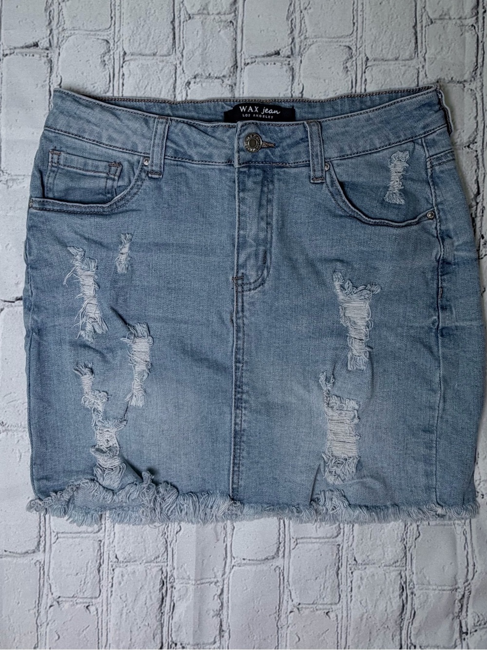 Wax Jean Light Blue Distressed Denim Mini Skirt